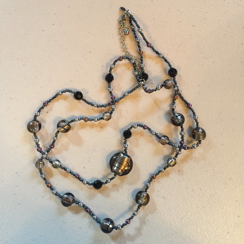 Black Silver 20" Glass Bead Double Necklace